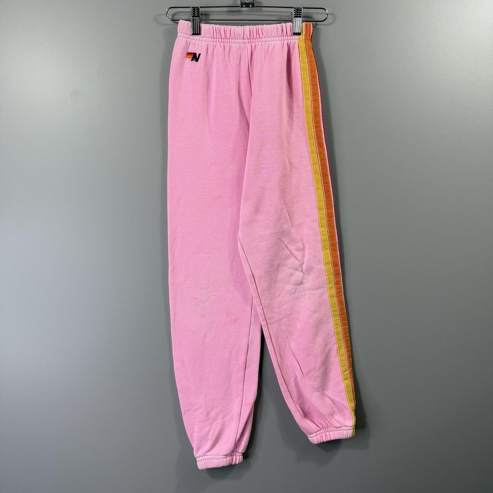 Aviator Nation Sweatpants Kids 8 Pink Rainbow Stripe Fleece Elastic Waist Jogger